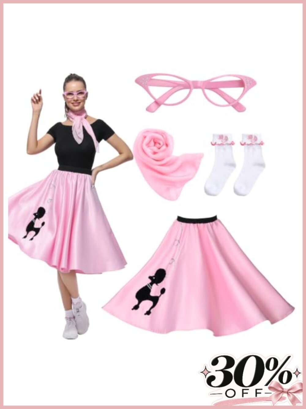 Women 1950s Poodle Skirt Sock Hop Costume Set w Glasses Scarf Socks